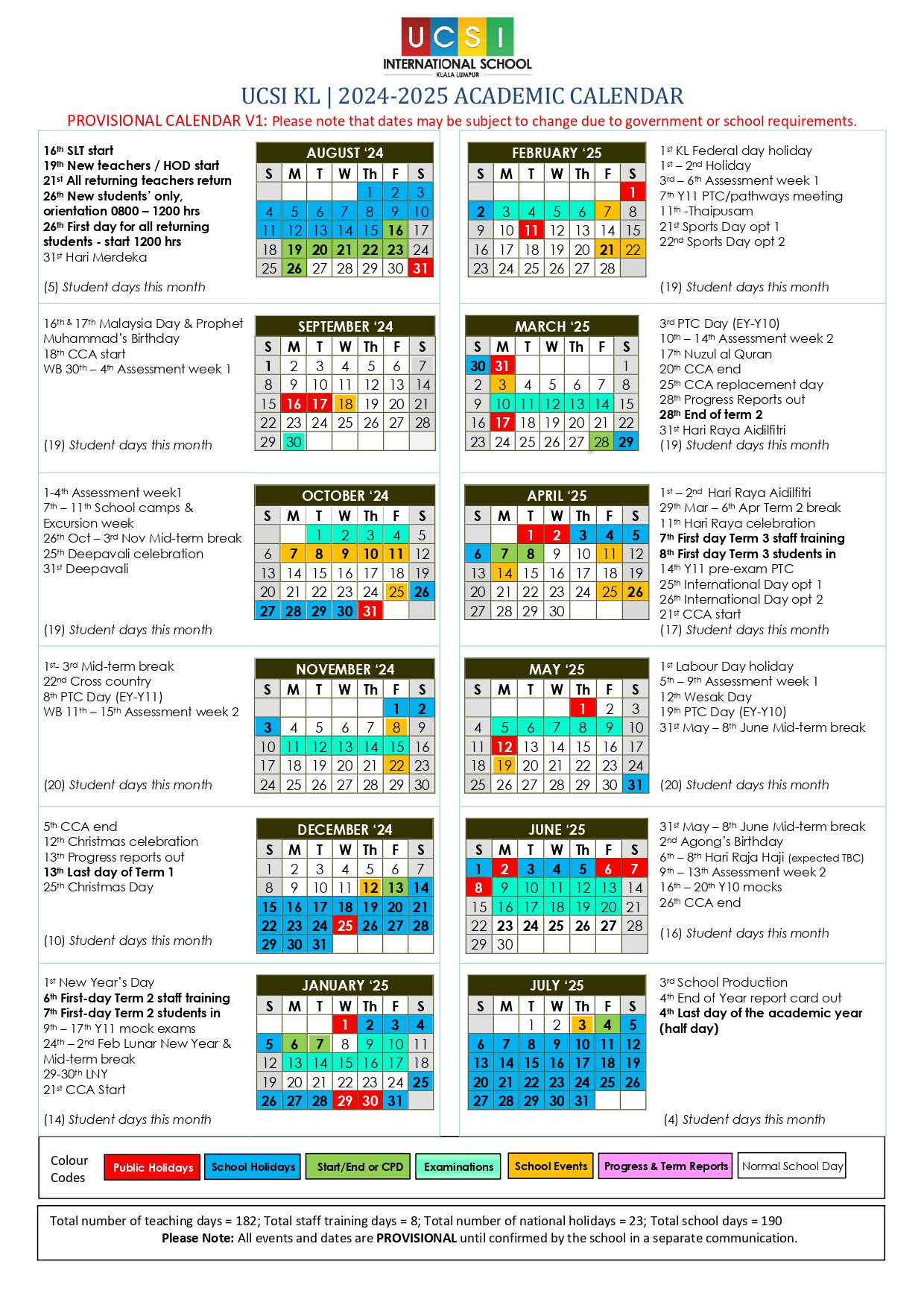 Academic Calendar UCSI International School Kuala Lumpur